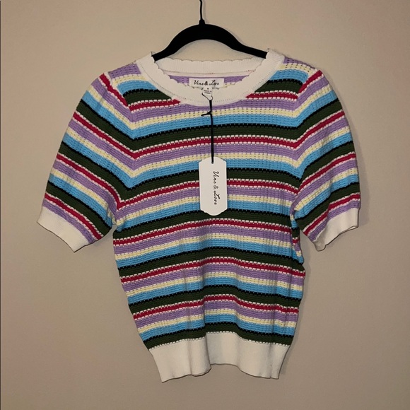 Vine & Love Sweaters - Vine & Love Striped Crochet Crewneck Top in Purple, Blue & Green